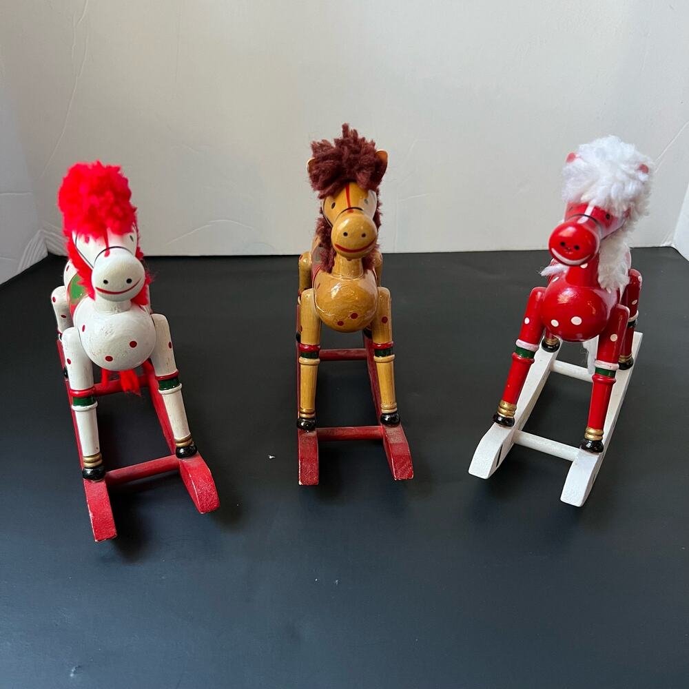 3 VTG Wooden Toy Rocking Horses w/ Yarn Tail & Mane hand painted 7 inches